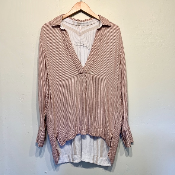 Free People | Pinstriped Long Sleeve Collared Deep V-Neck Peasant Tunic Top - Picture 3 of 8